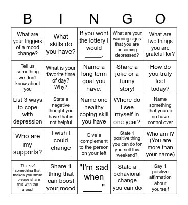 CSG Mental Health Bingo Card