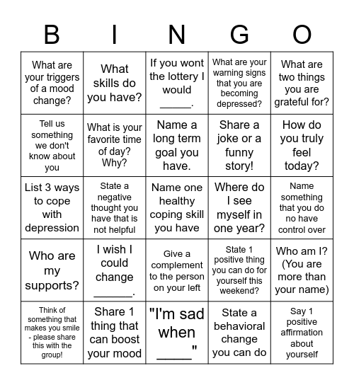 CSG Mental Health Bingo Card