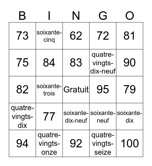 Nombres 60 à 100 Bingo Card