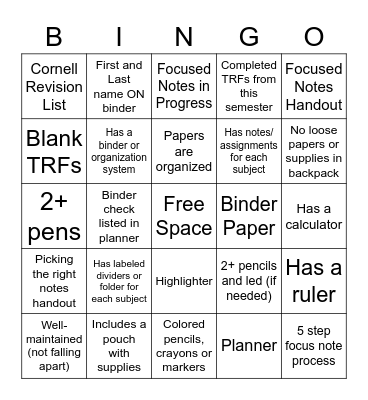 AVID Binder Check Bingo Card