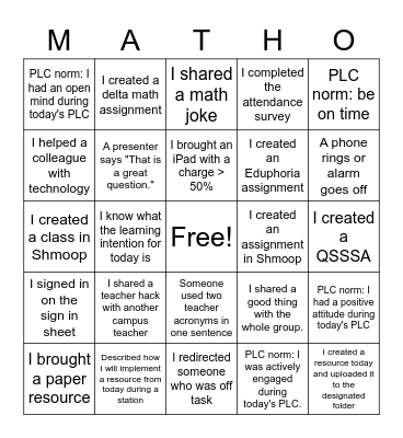 November 8, 2022 PLC Bingo Card