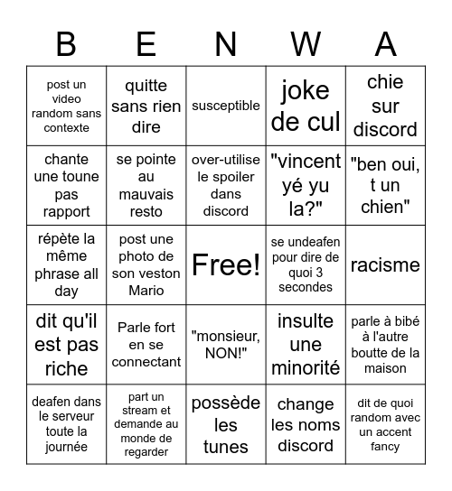 Benoit Bingo Card