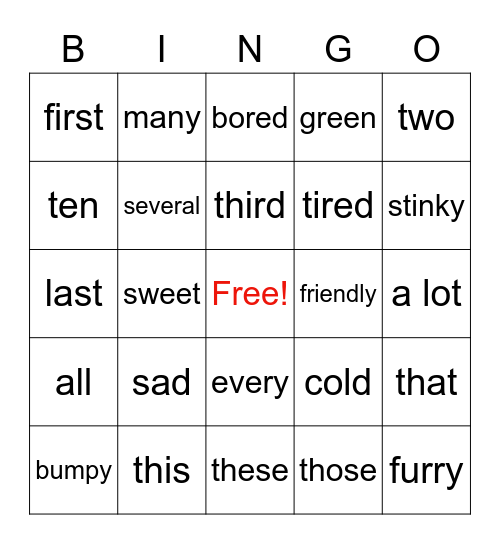 Adjective Bingo Card