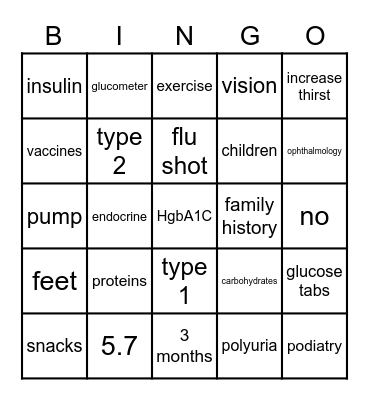 Diabetes Boot Camp Bingo Card