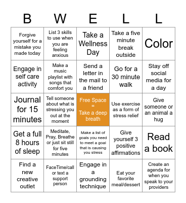 Mental Health Be Well Bingo Card