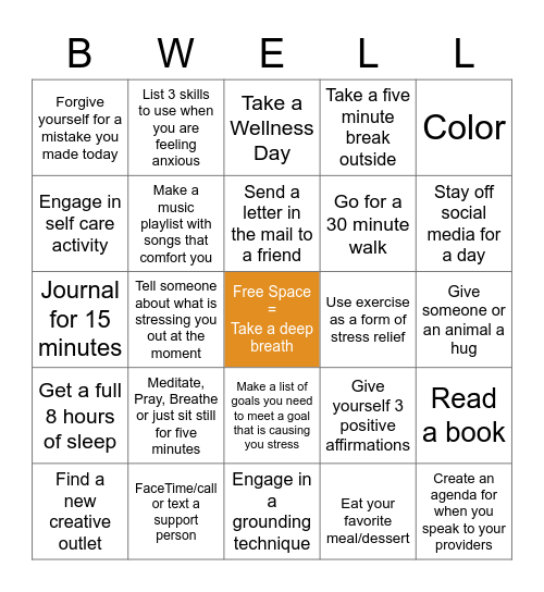 Mental Health Be Well Bingo Card