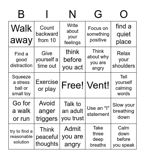 Anger Managment Bingo Card