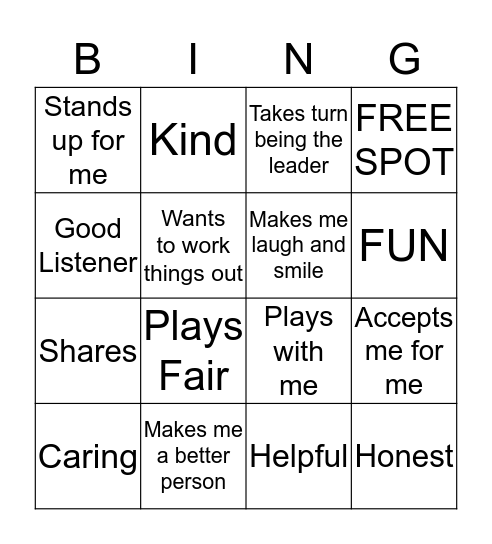 Friendship Bingo Card