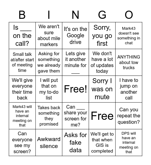 Mark43 Conference Call Bingo Card