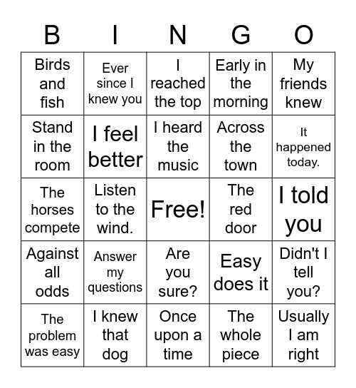 Fluency Phraes Bingo Card