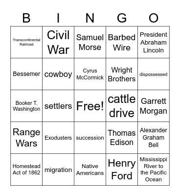 USVA 8AB Inventions and Western Movement Bingo Card
