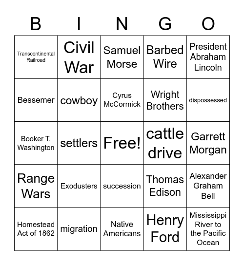 USVA 8AB Inventions and Western Movement Bingo Card
