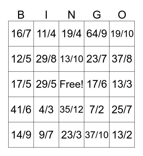 Mixed Numbers to Improper Fractions Bingo Card