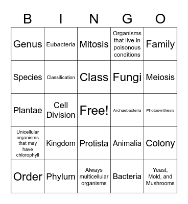 Classification Bingo Card