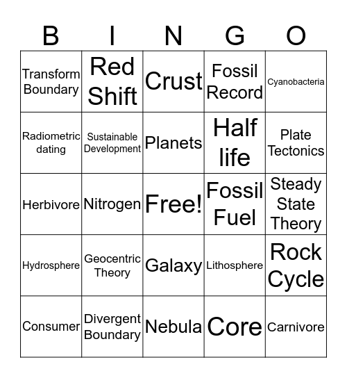 Earth Science Bingo Card