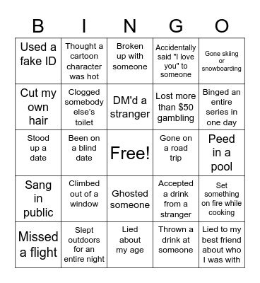 Never Have I Ever Bingo Card