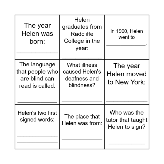 Helen Keller's Life Bingo Card
