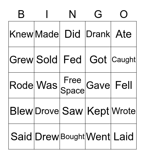 Irregular Verbs Bingo Card