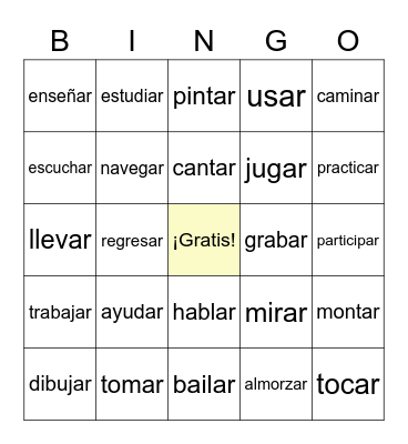 -ar verbs Bingo Card