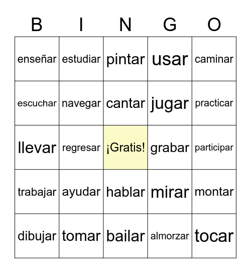 -ar verbs Bingo Card