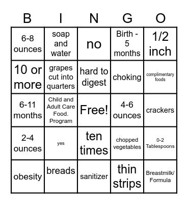 CACFP Infant Menu Training BINGO Card