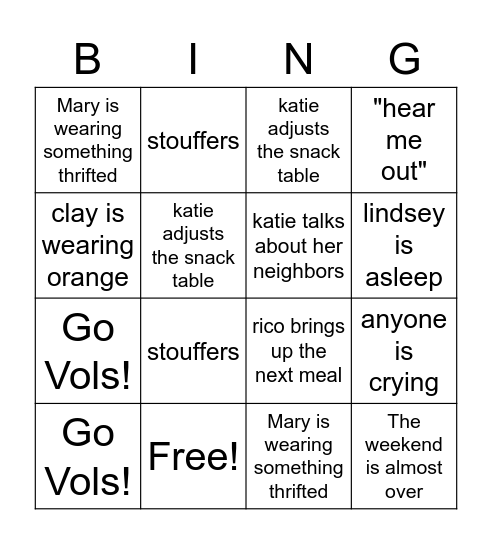 Friendcation 2022 Bingo Card