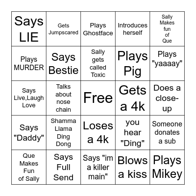 Sally's Stream Bingo Card