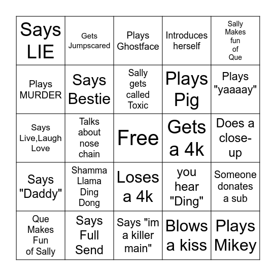 Sally's Stream Bingo Card