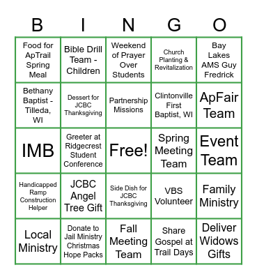 Ministry Bingo Card