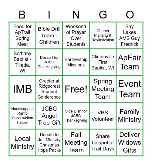 Ministry Bingo Card