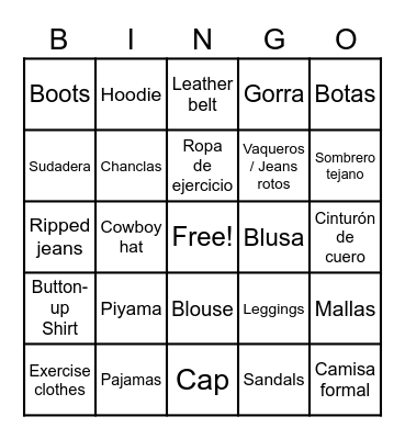 Vocab de Ropa Periodo 8 Bingo Card