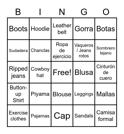 Vocab de Ropa Periodo 8 Bingo Card
