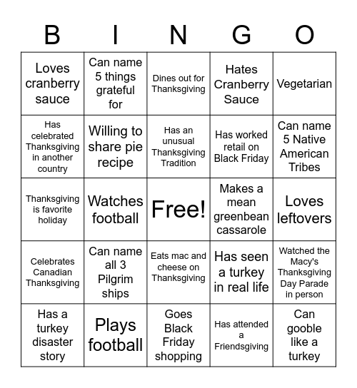 Thanksgiving Bingo Card