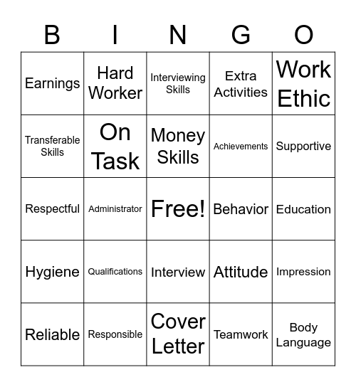 Work Readiness Bingo Card