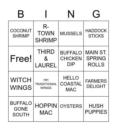 STARTERS/HH/KID'S MENU Bingo Card