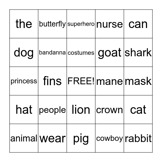 Animal Costumes Bingo Card