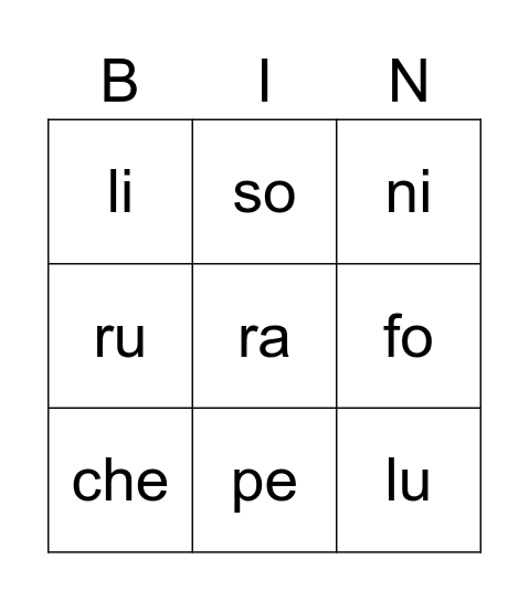 Sílabas Bingo Card