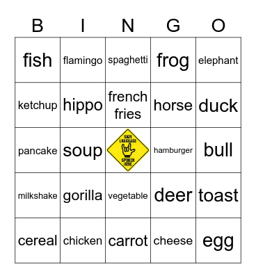 ASL Food/Animals Bingo Card