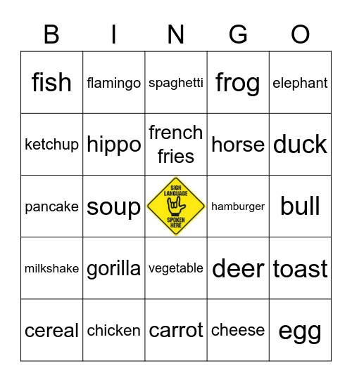 ASL Food/Animals Bingo Card
