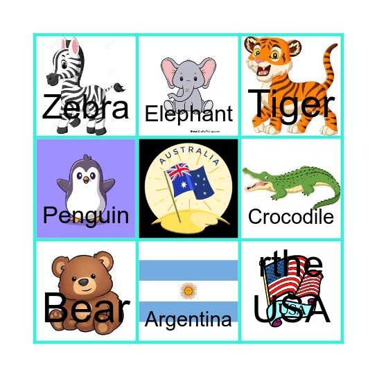 Animal and Countries Bingo Card