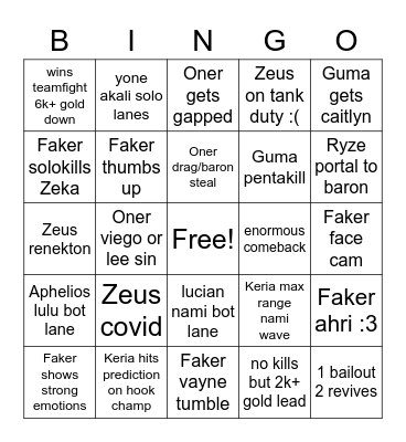 T1 Bingo Card