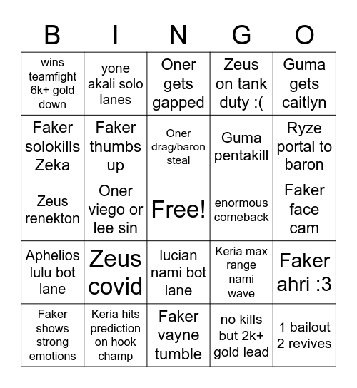 T1 Bingo Card