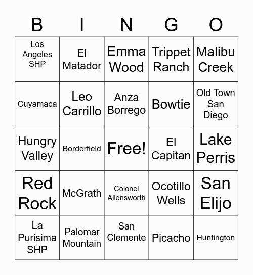 State Parks in Southern California Bingo Card