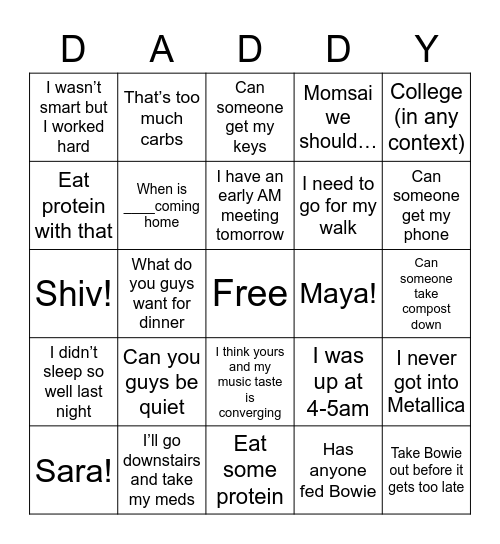 Daddy Bingo Card