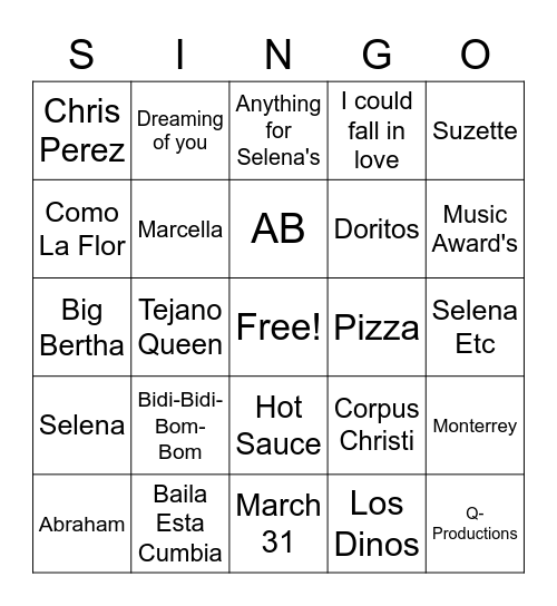 Selena Bingo Card
