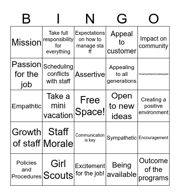First time Manager Bingo Card