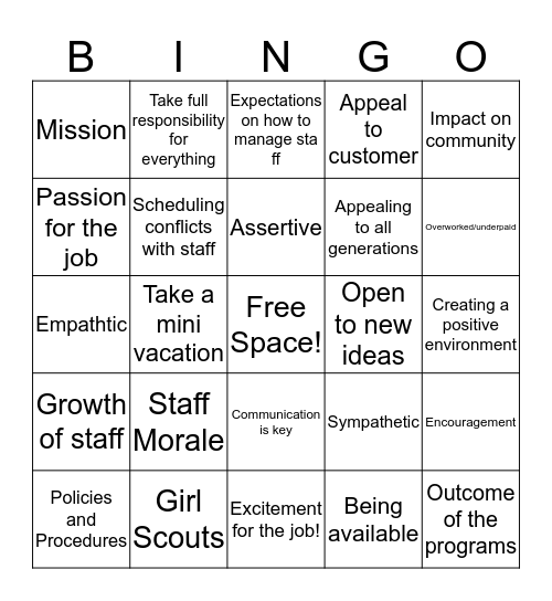 First time Manager Bingo Card