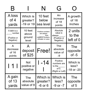 Integer Bingo Card