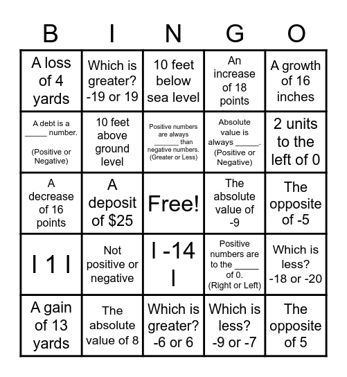 Integer Bingo Card