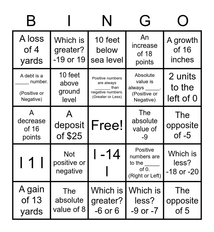 Integer Bingo Card